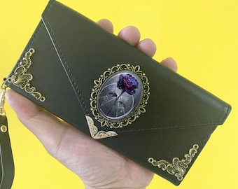 Gothic Rose Enveloppe Florale Téléphone Handmade Leather Wallet Case Housse pour iPhone X XS XR 11 12 Pro Max Samsung S20 S10 S9 S8 Note 8 9 10 Plus