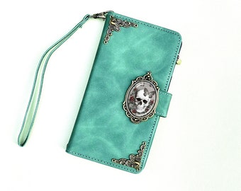 Gothic Skull Zipper Wallet Leather Magnetic Case For iPhone 15 Plus Pro Max Samsung Galaxy Z Fold 5