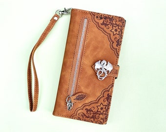 Dragon Leather Wallet Imprint Phone Case For iPhone 11 12 13 14 15 Pro Max Samsung S24 S23 S22 FE Ultra Note 20 10 Plus