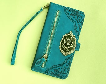 Gothic Floral Rose Leather Wallet Imprint Phone Case For iPhone 11 12 13 14 15 Pro Max Samsung S24 S23 S22 FE Ultra Note 20 10 Plus