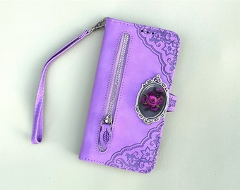 Gothic Floral Rose Leather Wallet Imprint Phone Case For iPhone 11 12 13 14 15 Pro Max Samsung S24 S23 S22 FE Ultra Note 20 10 Plus