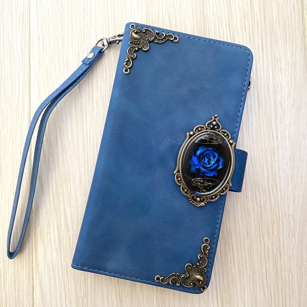 Gothic Blue Rose Zipper Phone Wallet Leather Case For iPhone XS 11 12 13 14 15 Pro Max Samsung S24 S23 S22 FE Ultra Note 20 9 10 Plus