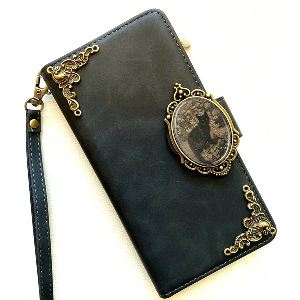 Gothic Black Cat Zipper Wallet Leather Stand Case For iPhone XS 11 12 13 14 15 Pro Max Samsung S24 S23 S22 FE Ultra S10 Note 20 9 10 Plus