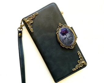 Gothic Floral Rose Zipper Wallet Leather Case For iPhone 11 12 13 14 15 Pro Max Samsung S24 S23 S22 FE Ultra Note 20 9 10 Plus