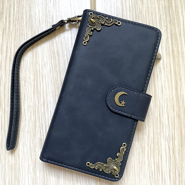 Star On The Moon Zipper Wallet Leather Case For iPhone XS 11 12 13 14 15 Pro Max Samsung S24 S23 S22 FE Plus Note 9 10 20 Ultra