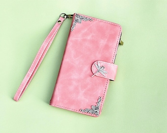Dragonfly Zipper Wallet Leather Magnetic Case For iPhone 15 Plus Pro Max Samsung Galaxy Z Fold 5