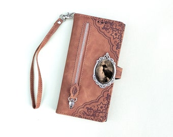 Gothic Crow Leather Wallet Imprint Phone Case For iPhone 11 12 13 14 15 Pro Max Samsung S24 S23 S22 FE Ultra Note 20 10 Plus