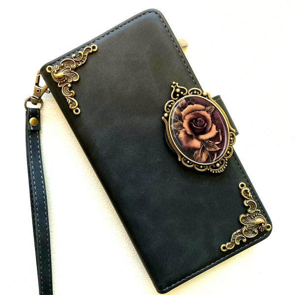 Gothic Floral Rose Zipper Wallet Leather Case For iPhone 11 12 13 14 15 Pro Max Samsung S24 S23 S22 FE Ultra Note 20 9 10 Plus
