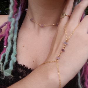 Hand Chain Bracelet- Dainty - Crystal Gemstones- Amethyst-7 Chackras-Birth Month Stone- Minimalist- Elegant- Boho- Gift for her- Gold/Silver