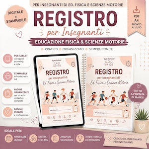 Può includere: Un registro digitale e stampabile per insegnanti di educazione fisica con illustrazioni di bambini che fanno sport. La copertina riporta il testo REGISTRO per Insegnanti di Ed. Fisica e Scienze Motorie, Gym4School e icone di pianificazione.