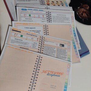 Può includere: Una pila di quaderni a spirale aperti con linguette colorate e note manoscritte. Le pagine presentano testo, diagrammi e illustrazioni. I quaderni sono aperti su varie pagine, rivelando contenuti dettagliati.