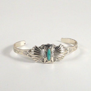 Vintage Navajo Sterling Silver & Needlepoint Turquoise Cuff c1950s