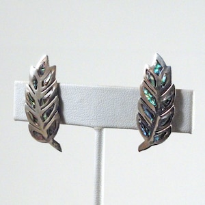 Vintage Taxco Abalone Fern Leaf Earrings c1950s screw back