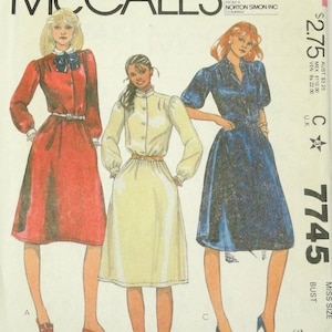 Vintage 1980s McCall&#39;s Pattern 7745 Belted Shirtwaist Dress Gathered Cuff Sleeve Size 10 Bust 32.5&quot;
