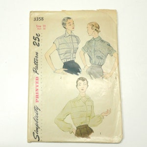 Vintage 1940s Simplicity 3358 Blouses Size 14 Bust 32&quot; Hip 35&quot;