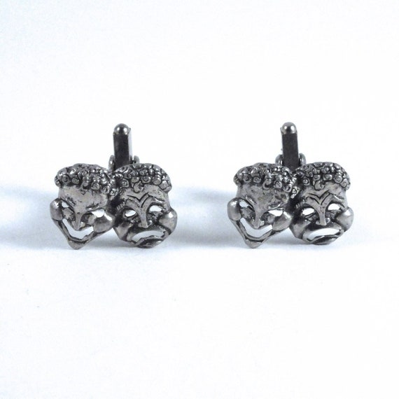 Vintage Sterling Silver Drama Mask Cuff Links 195… - image 1