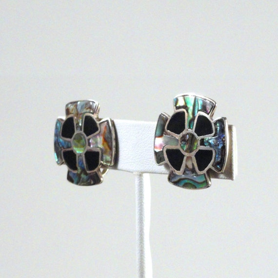 Vintage Taxco Abalone and Jet Earrings c1950s scr… - image 3