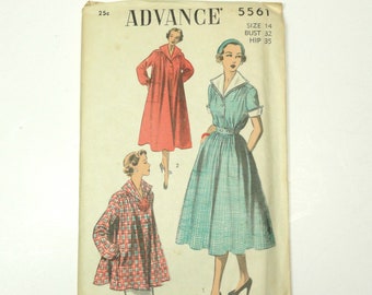 Vintage 1950s Advance 5561 Dress, Smock and Car Coat Size 14 Bust 32" Waist 26 1/2" Hip 35"