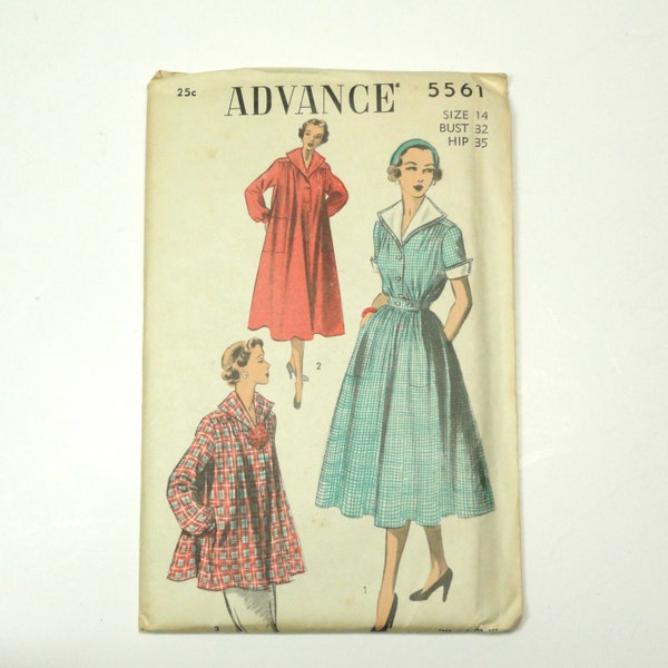 Vintage 1950s Advance 5561 Dress, Smock and Car Coat Size 14 Bust 32" Waist 26 1/2" Hip 35"