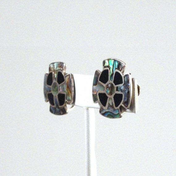 Vintage Taxco Abalone and Jet Earrings c1950s scr… - image 4