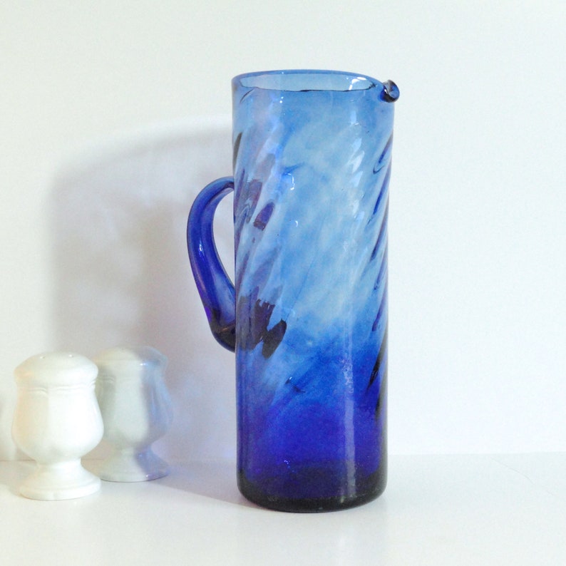 Avalos Glass c1960/'s Mexican Art Glass Vintage Hand Blown Martini Pitcher Cobalt Blue