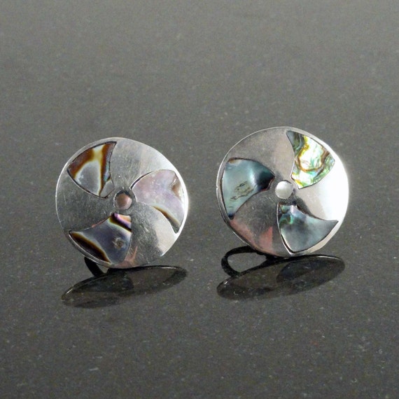 Vintage Taxco Abalone and Silver Radial Earrings … - image 9