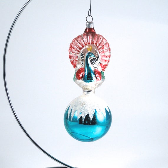 HAND BLOWN /& PAINTED MERCURY GLASS PEACOCK CHRISTMAS ORNAMENT