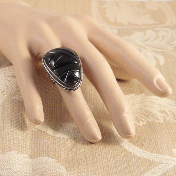 Vintage Mexican Sterling Silver & Obsidian Mayan … - image 9