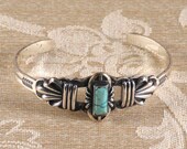 Vintage Navajo Sterling Silver & Rectangular Turquoise Stone Cuff Bracelet c1960s