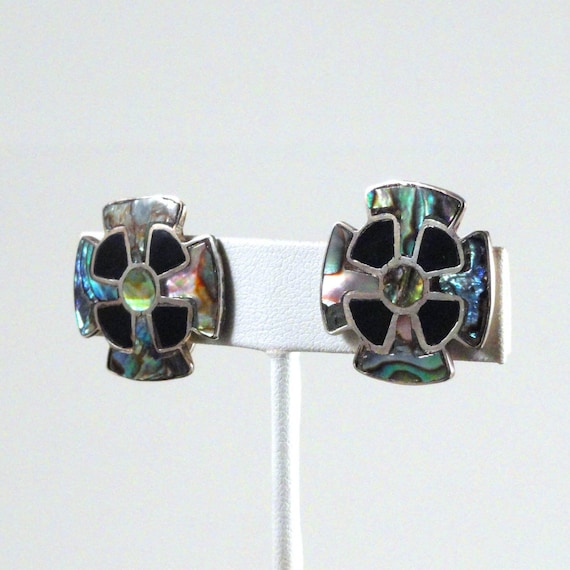 Vintage Taxco Abalone and Jet Earrings c1950s scr… - image 1