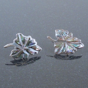 Vintage Taxco Silver & Abalone Modernist Variegated 3D Leaf Earrings, Large - 1950s screw back