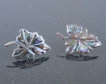 Vintage Taxco Silver & Abalone Modernist Variegated 3D Leaf Earrings, Large - 1950s screw back