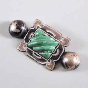 Antique Aztec Revival Carved Mexican Jade & Silver Brooch c1910s