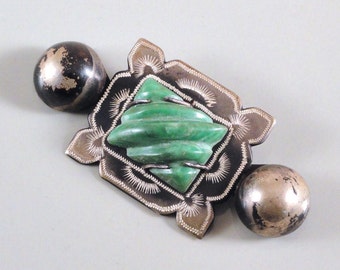 Antique Aztec Revival Carved Mexican Jade & Silver Brooch c1910s