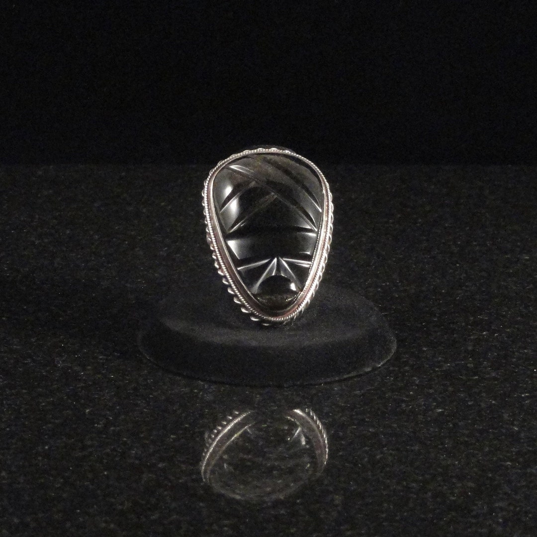 Vintage Mexican Sterling Silver & Obsidian Mayan Warrior Mask Ring ...