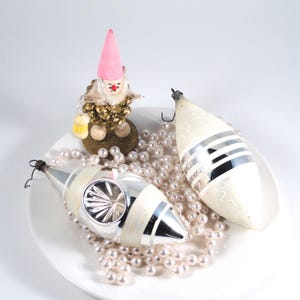 Set of 2 Mercury Glass Silver & White Teardrop Indent Ornaments 1950s