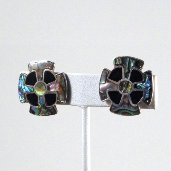 Vintage Taxco Abalone and Jet Earrings c1950s scr… - image 2