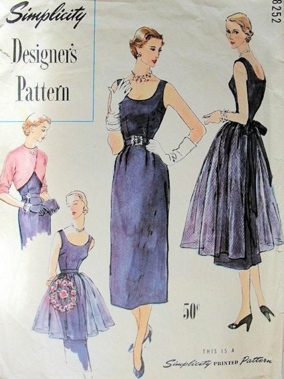 Vintage 1950s Simplicity Designer's Pattern 8252 Cocktail Dress, Bolero Jacket, Apron Size 14 Bust 32