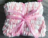 Beautiful pink and white baby girl blanket, pom pom marshmallow, soft car seat blanket, small pram, moses basket baby blanket baby girl gift