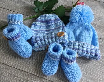 Baby boy hand-knitted shades of blue set with 2 hats and 2 pairs of booties - 3 sizes available