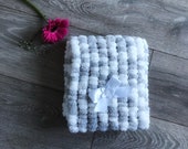 Beautiful grey and white soft pom pom baby blanket, car seat blanket, small pram blanket, moses basket baby blanket, newborn, premature gift