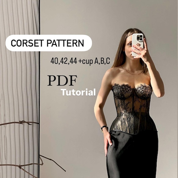 Mönster för korsettsömnad, handledning för korsett i spetsmidja, korsettmönster, PDF-mönster för långt spetskorsettmönster med kupor, mönster för transparent korsettguide