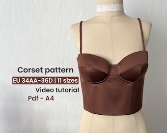 Modello di cucito PDF per corsetto in raso con coppe, modello di corsetto classico e facile. Tutorial digitale di cucito per corsetti.