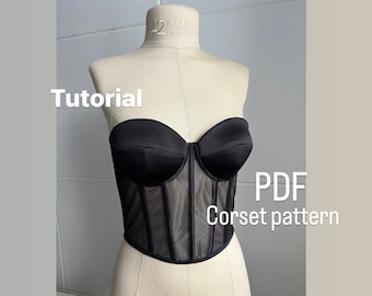 Pattern for sewing transparent corset, bustier top pattern, Sewing instructions for  transparent corset, PDF pattern corset with cups