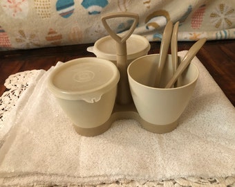Glass Gold Tupperware Condiment Caddy with Lids and Spoons Baby Dog Blankets Vintage ..We also have Corn Bags Relish Dishes Tea Sets