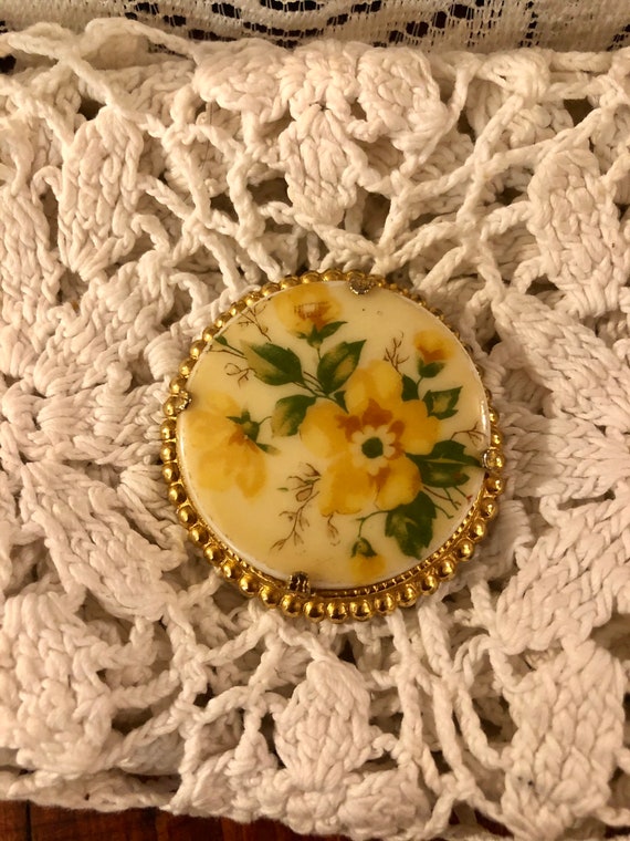 Vintage Hand Painted Yellow Flowers on Porcelain … - image 1