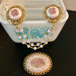 Vintage Painted Needlepoint Sweater Clip and Matching Brooch