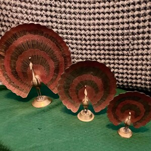 Vintage Brass Enameled Peacock Trio