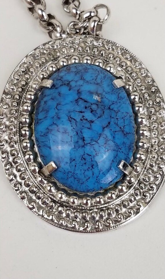Grand Collier Sautoir En Turquoise Années 70 - Pierre Ronde, Style Bohème Vintage Occasion