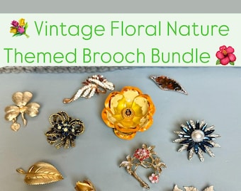 Peut inclure: Un ensemble de broches vintage sur le thème floral et de la nature. Les broches sont en métal doré et présentent divers motifs, notamment des fleurs, des feuilles et un oiseau.